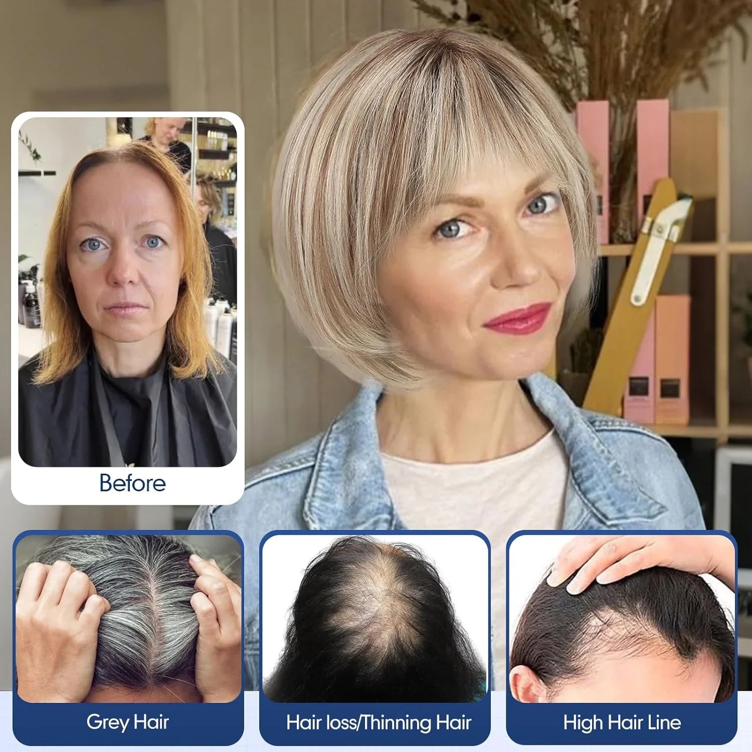 10” Human Hair Topper with Bangs – Silk Base Short Bob (6.5×6.5”)