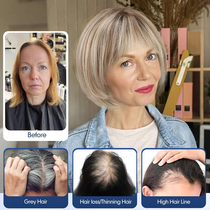 10” Human Hair Topper with Bangs – Silk Base Short Bob (6.5×6.5”)