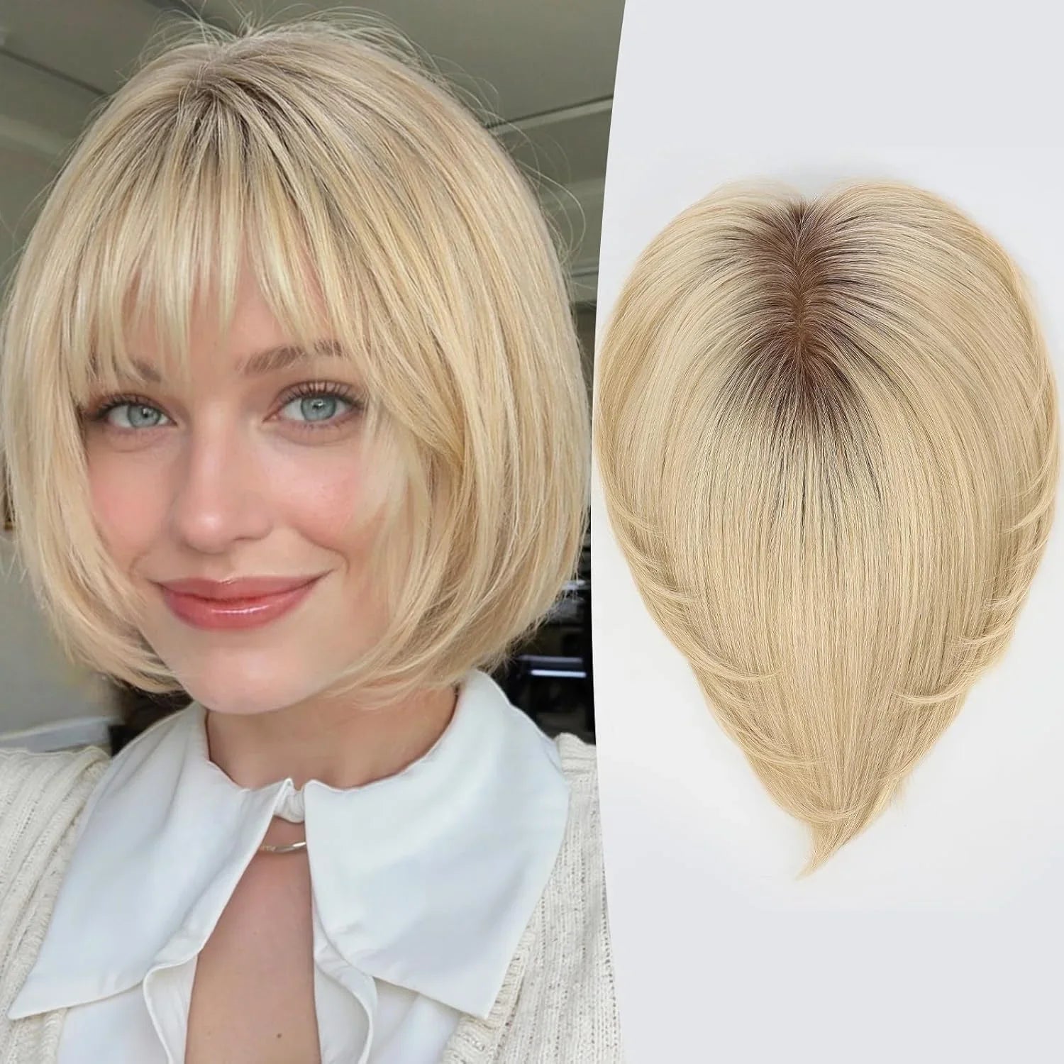 10” Human Hair Topper with Bangs – Silk Base Short Bob (6.5×6.5”)