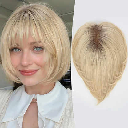 10” Human Hair Topper with Bangs – Silk Base Short Bob (6.5×6.5”)