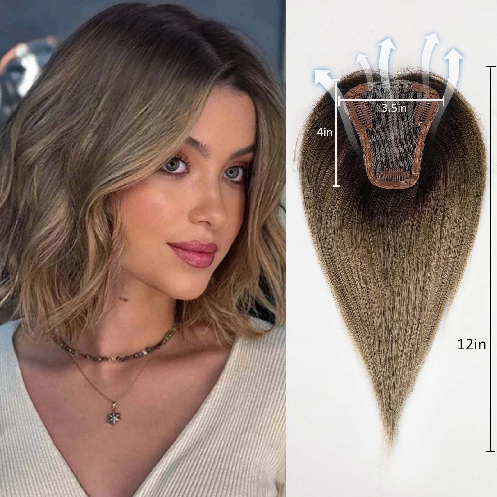 12” Human Hair Topper – Straight Lace Base Clip-In Hairpiece