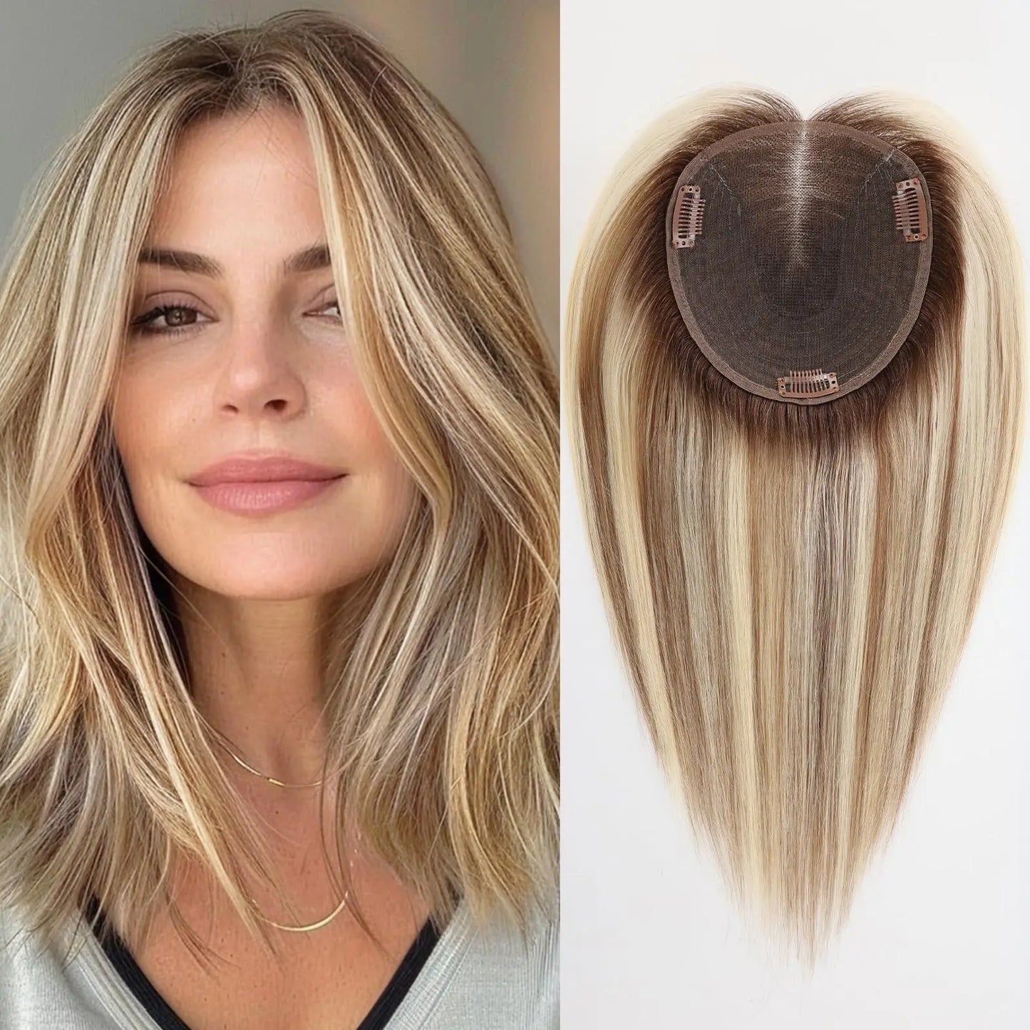 12” Human Hair Topper – Swiss Silk Base, No Bangs, 60g Clip-In