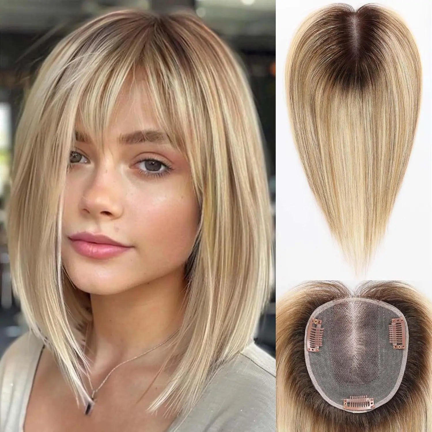 12” Straight Human Hair Topper – Middle Part Swiss Lace Base