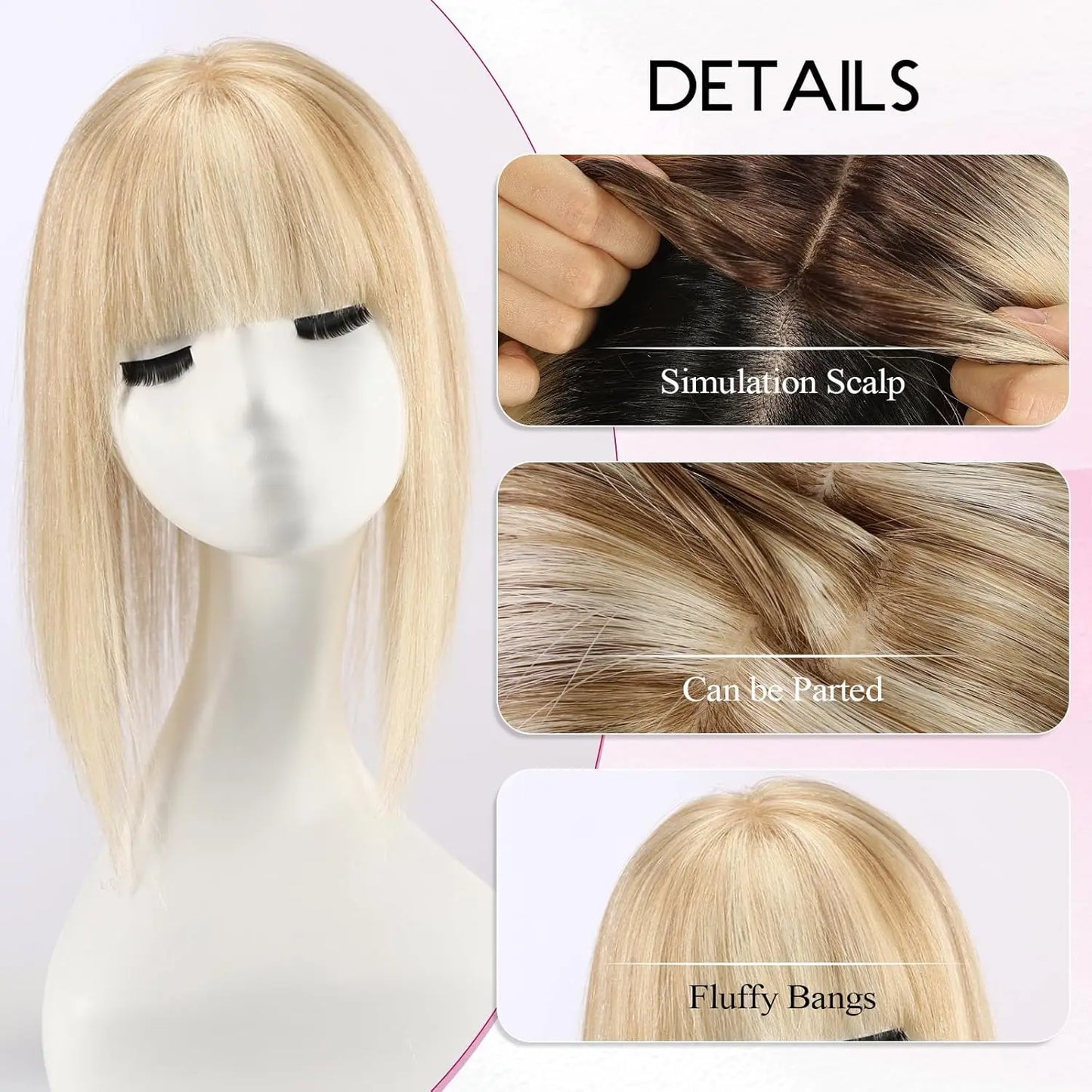 12” Human Hair Topper with Bangs – 360° Lace Base Clip-In for Women