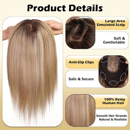 16” Full Coverage Human Hair Topper – Large 9×9 Silk Base Brown Highlights