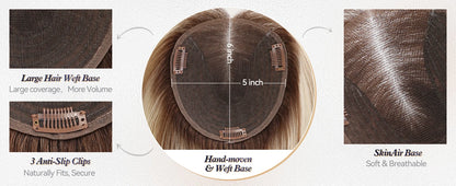 12” Human Hair Topper – Swiss Silk Base, No Bangs, 60g Clip-In