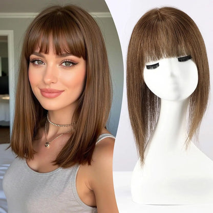 12” Human Hair Topper with Bangs – 360° Lace Base Clip-In for Women
