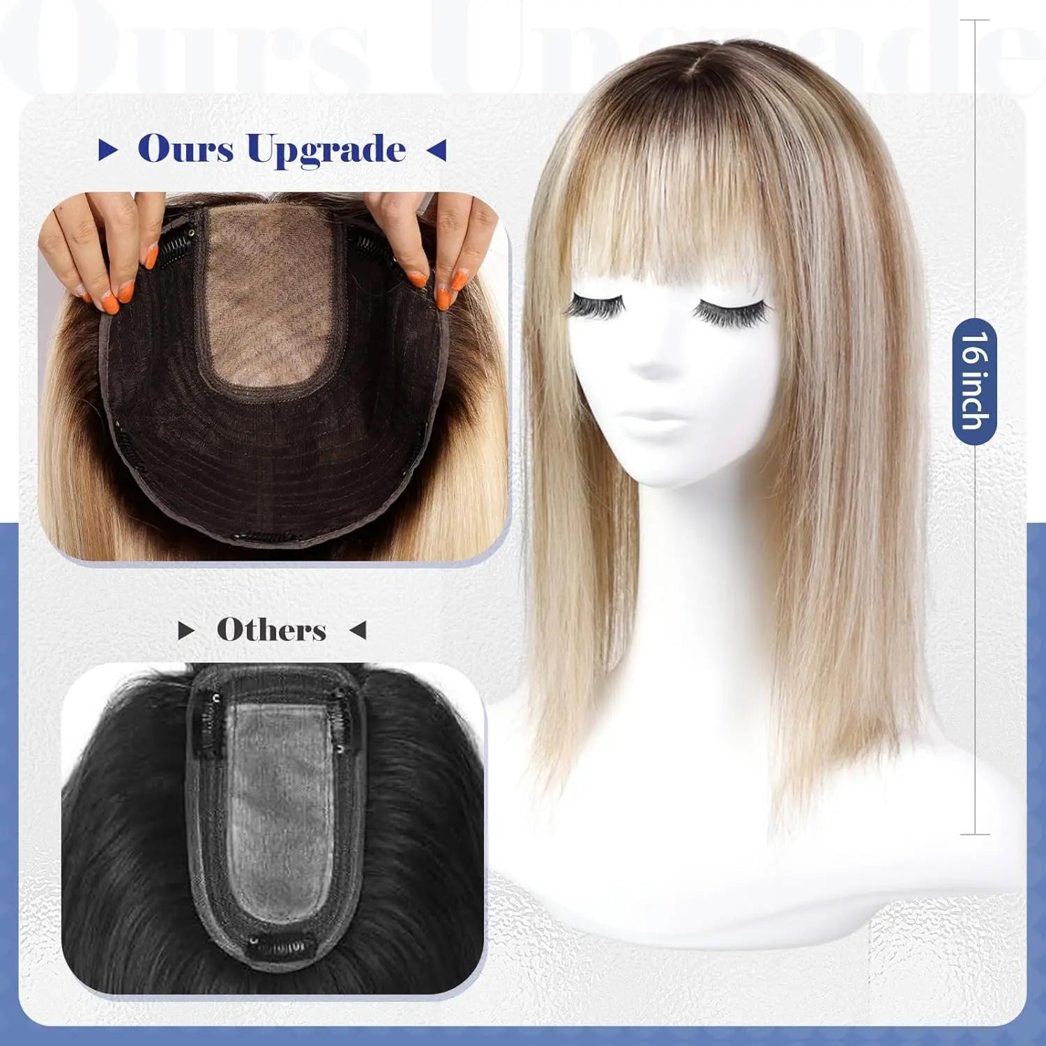 16” Full Coverage Human Hair Topper – Large 9×9 Silk Base Brown Highlights