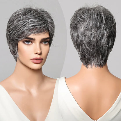 Short Pixie Cut Grey Human Hair Wig – 8” Layered Blend Wig with Bangs for Women