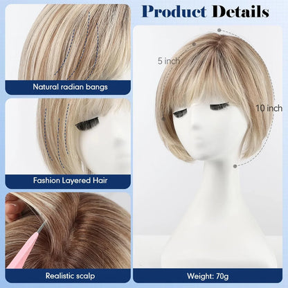 10” Human Hair Topper with Bangs – Silk Base Short Bob (6.5×6.5”)