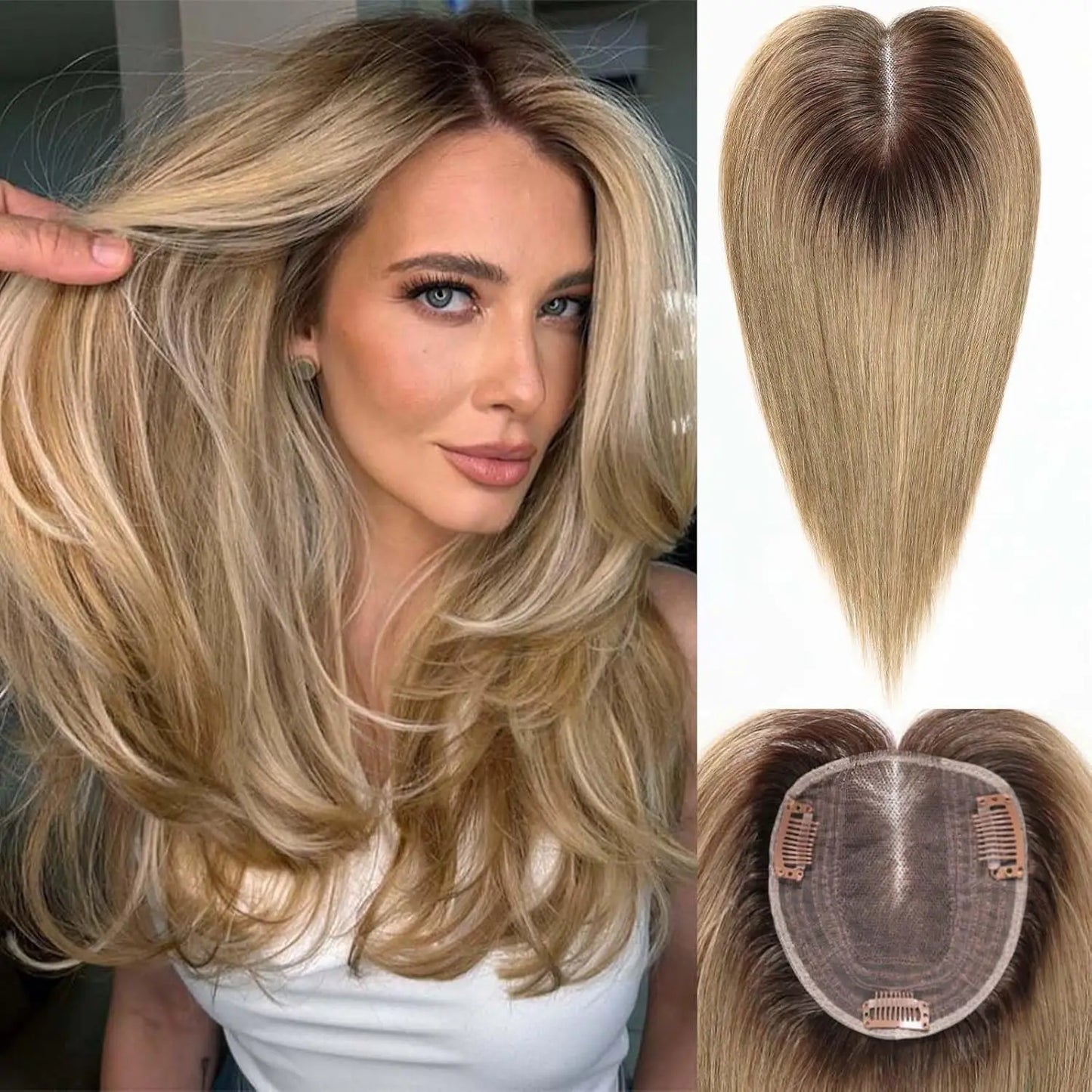 12” Straight Human Hair Topper – Middle Part Swiss Lace Base