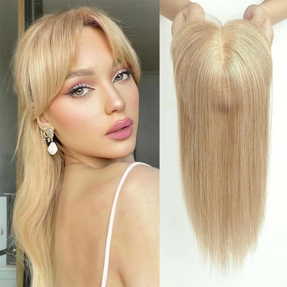 Ombre Blonde Human Hair Topper with Bangs | Remy Silk Base Clip-In Hair Topper for Volume & Hair Loss Coverage