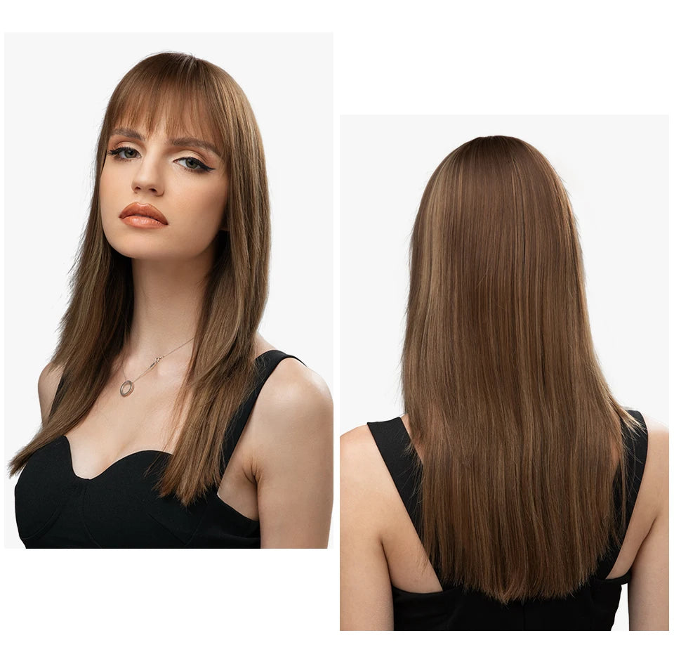 Natural-Look Hair Topper with Bangs – Medium-Length Clip-In Wig for Women (Straight, 120% Density)