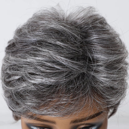 Short Pixie Cut Grey Human Hair Wig – 8” Layered Blend Wig with Bangs for Women
