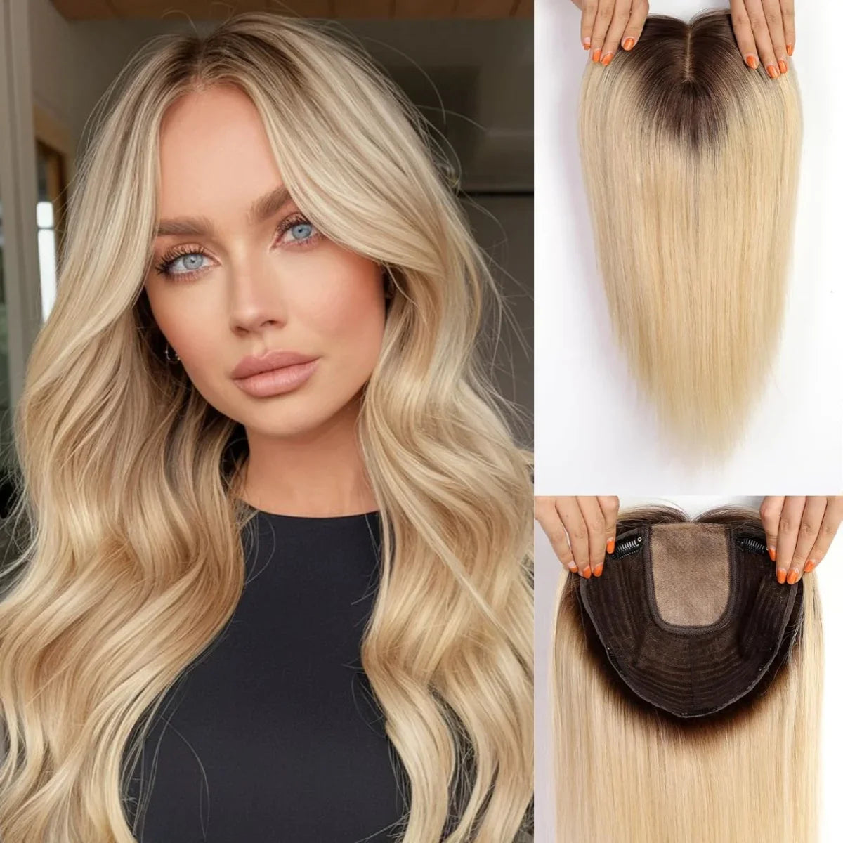 16” Human Hair Topper with Bangs – Clip-In Straight Lace Base Topper