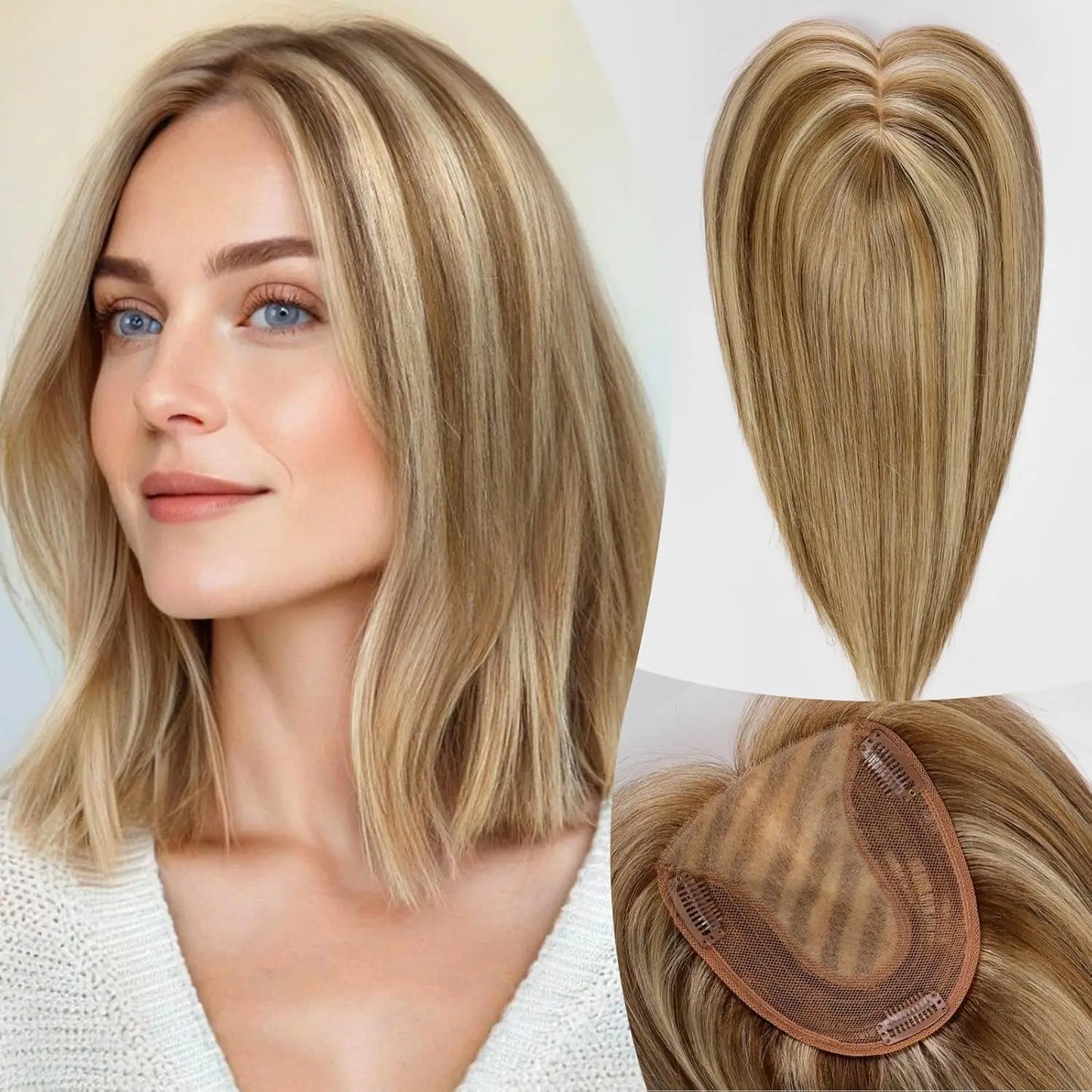12” Human Hair Topper with Bangs – 360° Lace Base Clip-In for Women
