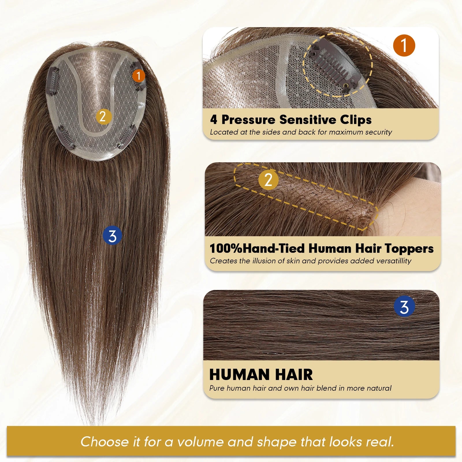 14” Human Hair Topper – Straight Mono Lace Base Clip-In Hairpiece for Women