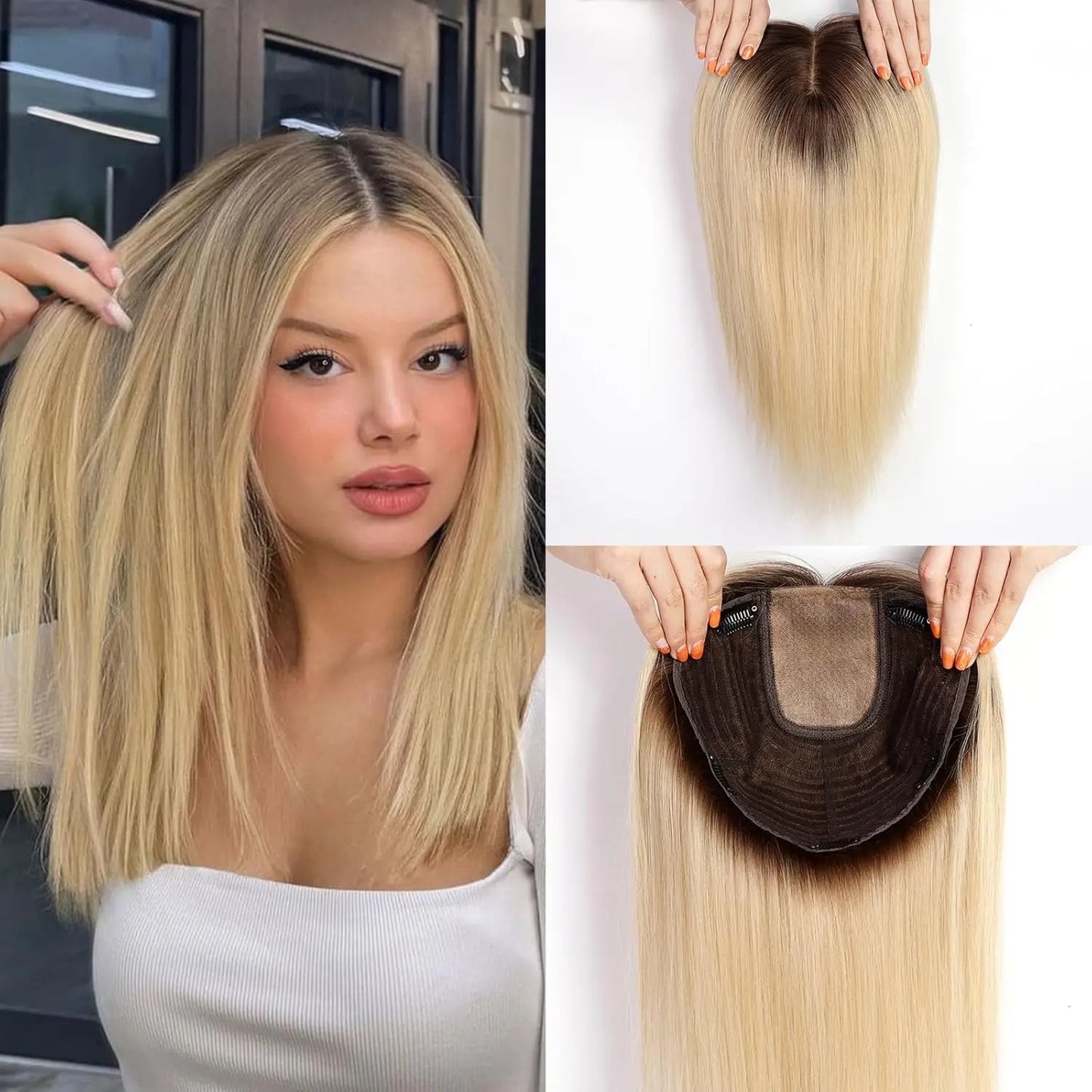 16” Full Coverage Human Hair Topper – Large 9×9 Silk Base Brown Highlights
