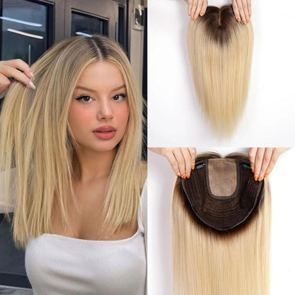 16” Full Coverage Human Hair Topper – Large 9×9 Silk Base Brown Highlights