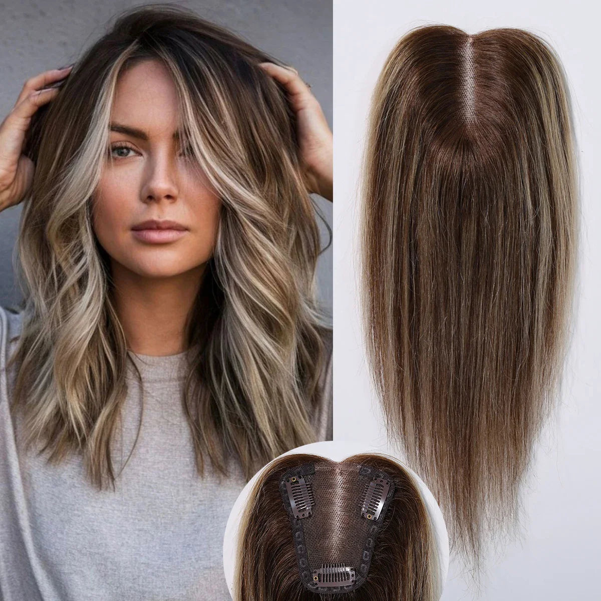 12” Human Hair Topper – Straight Lace Base Clip-In Hairpiece
