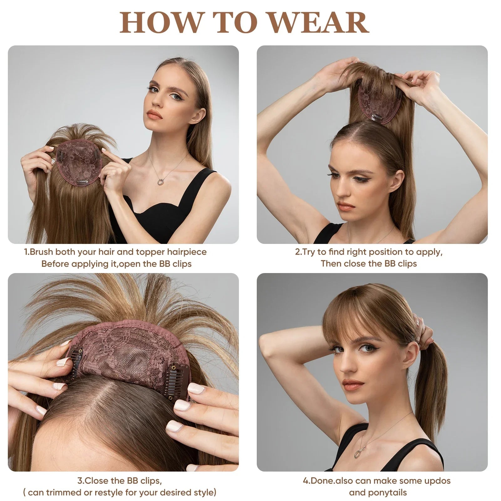Natural-Look Hair Topper with Bangs – Medium-Length Clip-In Wig for Women (Straight, 120% Density)