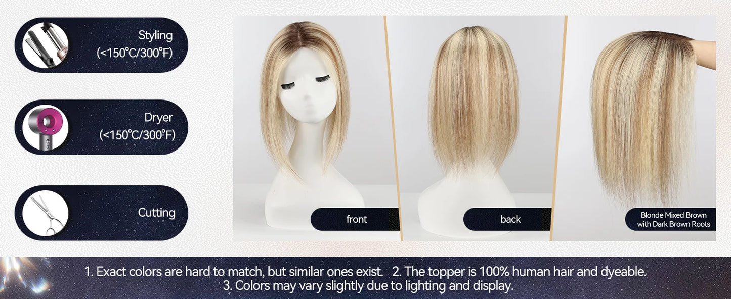 12” Human Hair Topper – Swiss Silk Base, No Bangs, 60g Clip-In