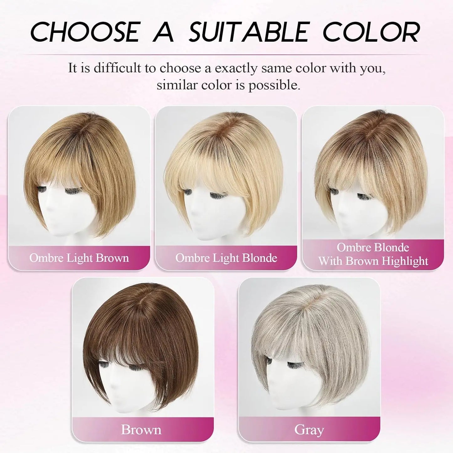 10” Short Bob Human Hair Topper with Bangs – Side Part Silk Base Clip-In