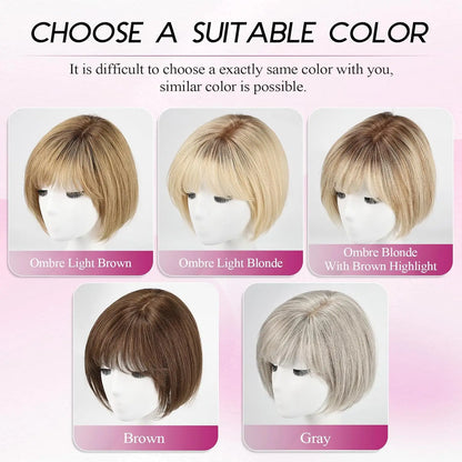 10” Short Bob Human Hair Topper with Bangs – Side Part Silk Base Clip-In