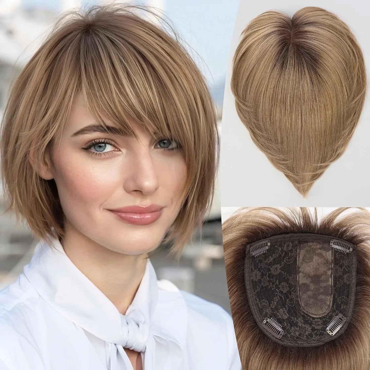 10” Human Hair Topper with Bangs – Silk Base Short Bob (6.5×6.5”)
