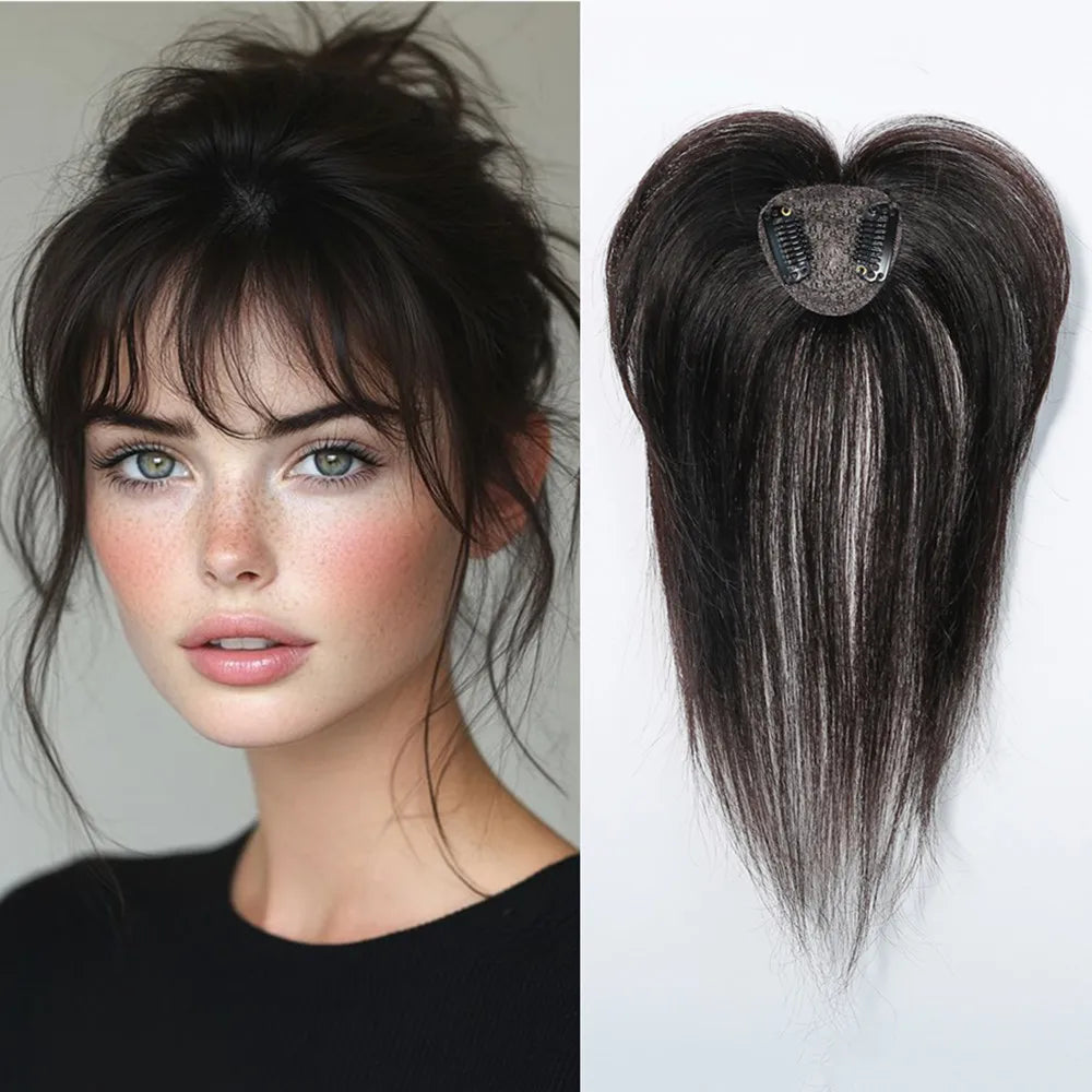 Remy Human Hair Topper with Bangs – Clip-In Silk Base Hairpiece for Thinning Hair | Silkara™
