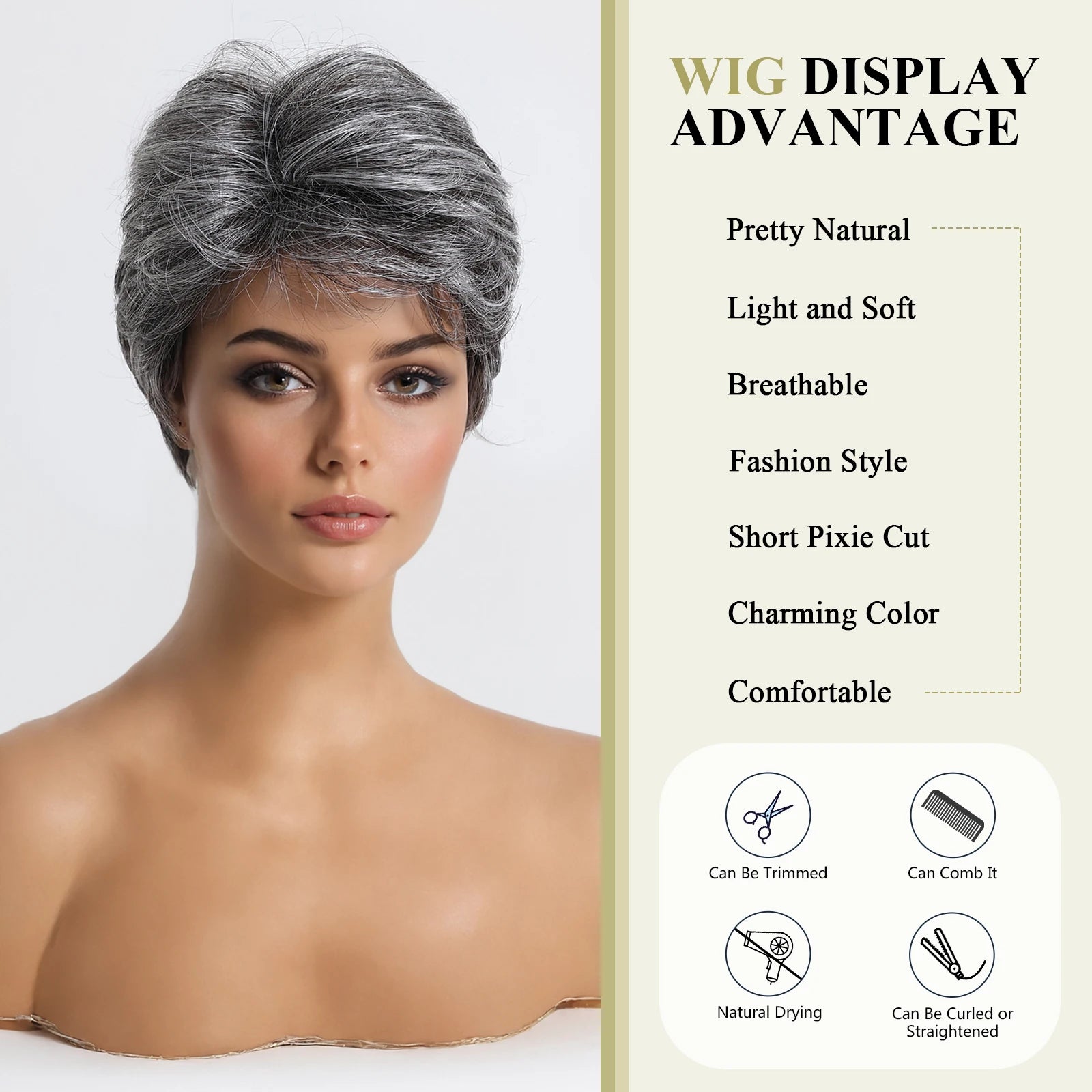 Short Pixie Cut Grey Human Hair Wig – 8” Layered Blend Wig with Bangs for Women