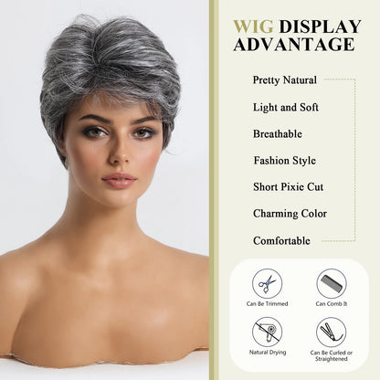 Short Pixie Cut Grey Human Hair Wig – 8” Layered Blend Wig with Bangs for Women