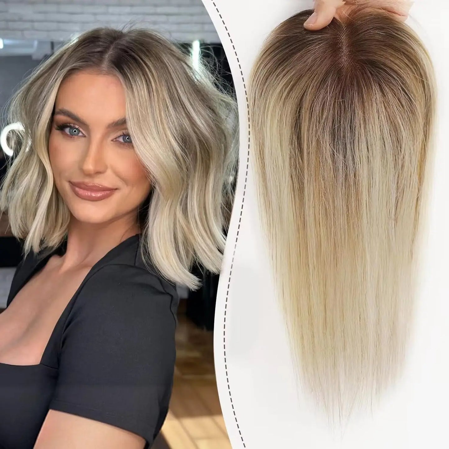 Ombre Ash Blonde Human Hair Topper | Silk Base Remy Hair Topper for Thinning Hair