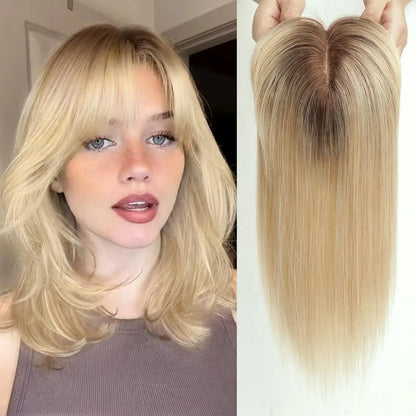 Ombre Blonde Human Hair Topper with Bangs | Remy Silk Base Clip-In Hair Topper for Volume & Hair Loss Coverage