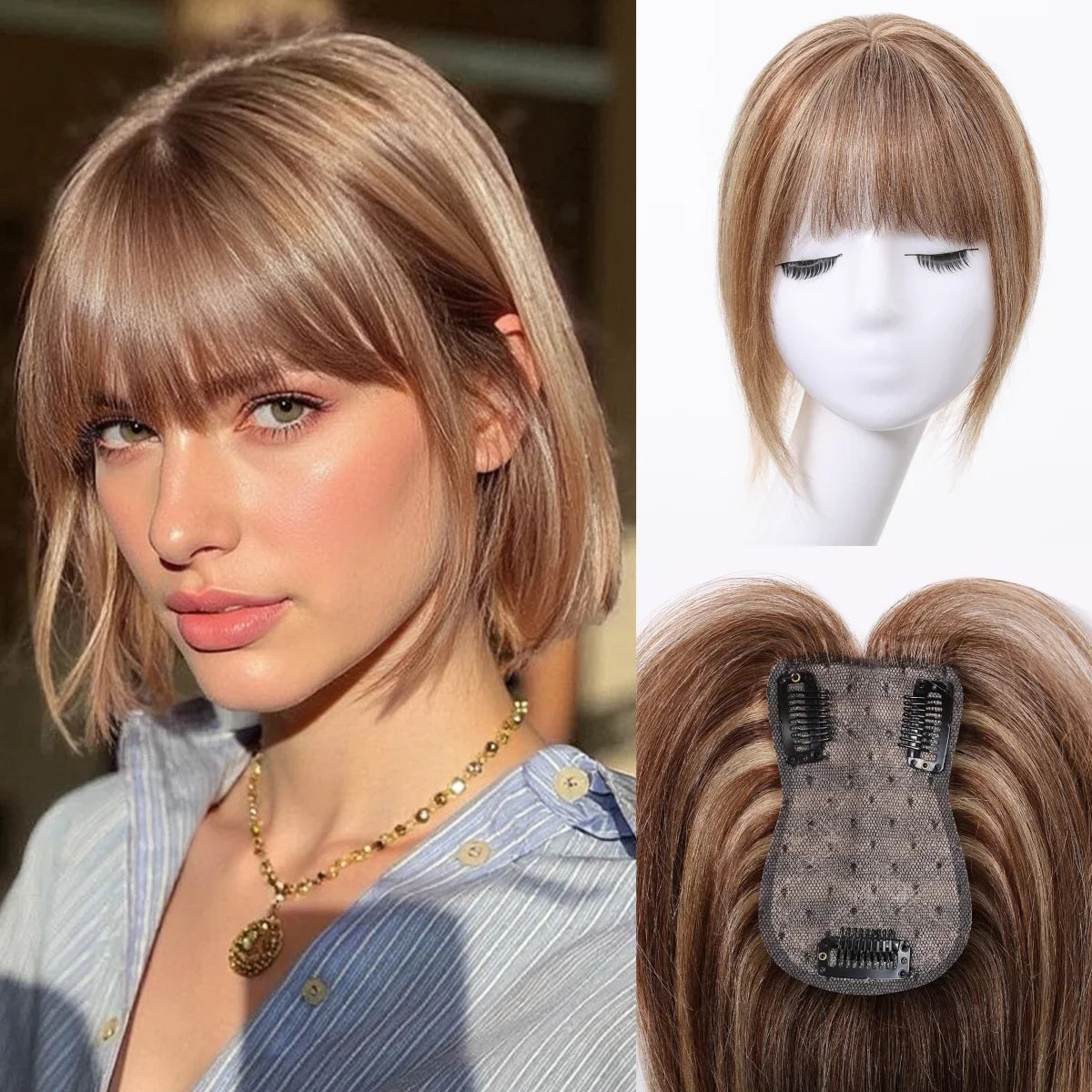 10” Human Hair Topper with Thick Bangs – 360° Clip-In Silk Base Topper for Women