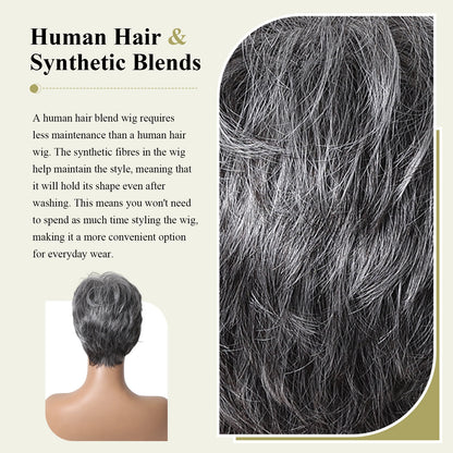 Short Pixie Cut Grey Human Hair Wig – 8” Layered Blend Wig with Bangs for Women