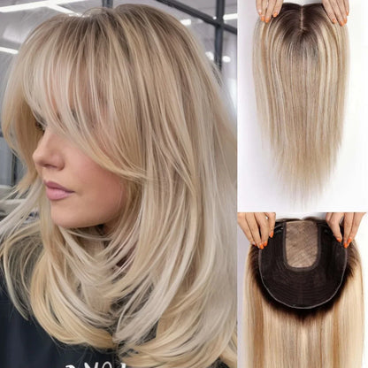 16” Human Hair Topper with Bangs – Clip-In Straight Lace Base Topper