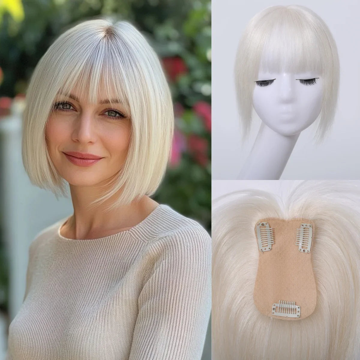 10” Human Hair Topper with Thick Bangs – 360° Clip-In Silk Base Topper for Women