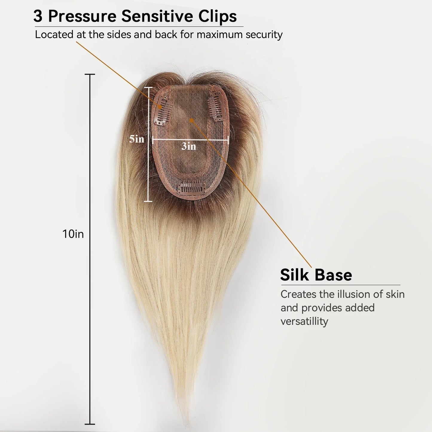 Ombre Blonde Human Hair Topper with Bangs | Remy Silk Base Clip-In Hair Topper for Volume & Hair Loss Coverage