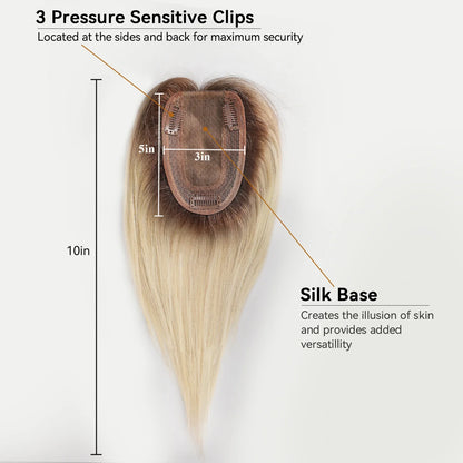 Ombre Blonde Human Hair Topper with Bangs | Remy Silk Base Clip-In Hair Topper for Volume & Hair Loss Coverage
