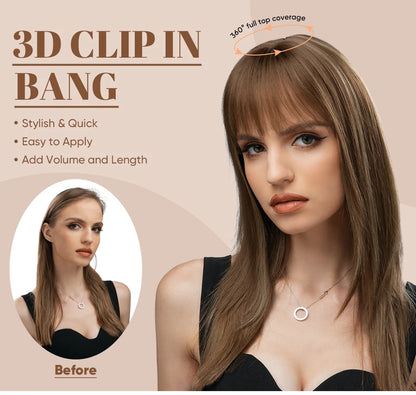 Natural-Look Hair Topper with Bangs – Medium-Length Clip-In Wig for Women (Straight, 120% Density)