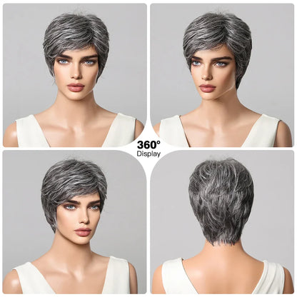 Short Pixie Cut Grey Human Hair Wig – 8” Layered Blend Wig with Bangs for Women