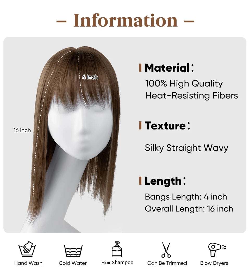 Natural-Look Hair Topper with Bangs – Medium-Length Clip-In Wig for Women (Straight, 120% Density)