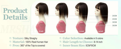 Silk Base 3D Human Hair Topper with 360° Bangs – Real Hair Volume Topper for Thinning Hair