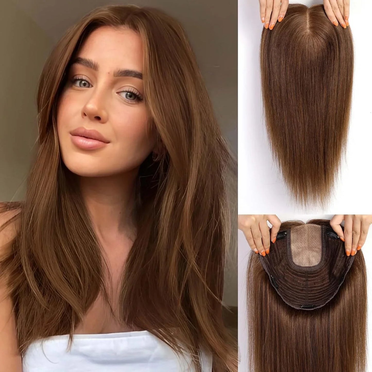16” Full Coverage Human Hair Topper – Large 9×9 Silk Base Brown Highlights