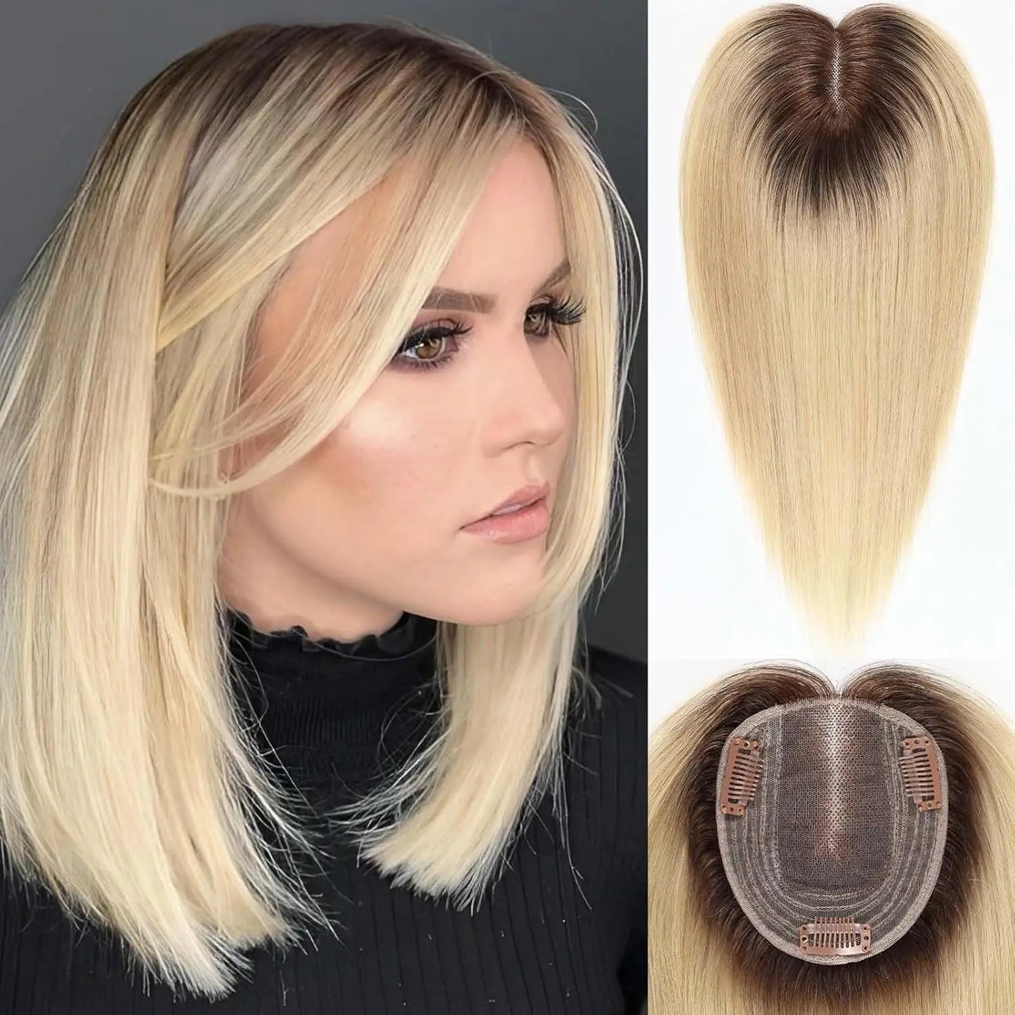 12” Straight Human Hair Topper – Middle Part Swiss Lace Base