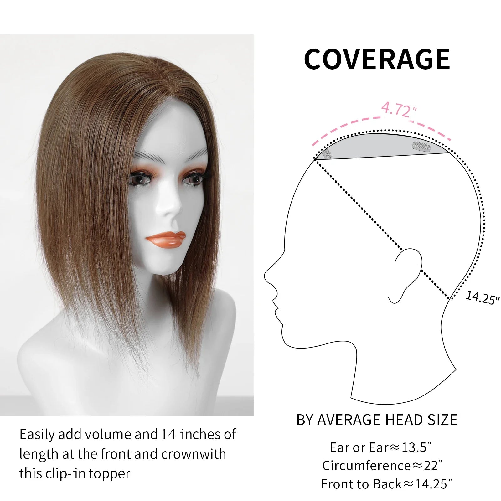 14” Human Hair Topper – Straight Mono Lace Base Clip-In Hairpiece for Women