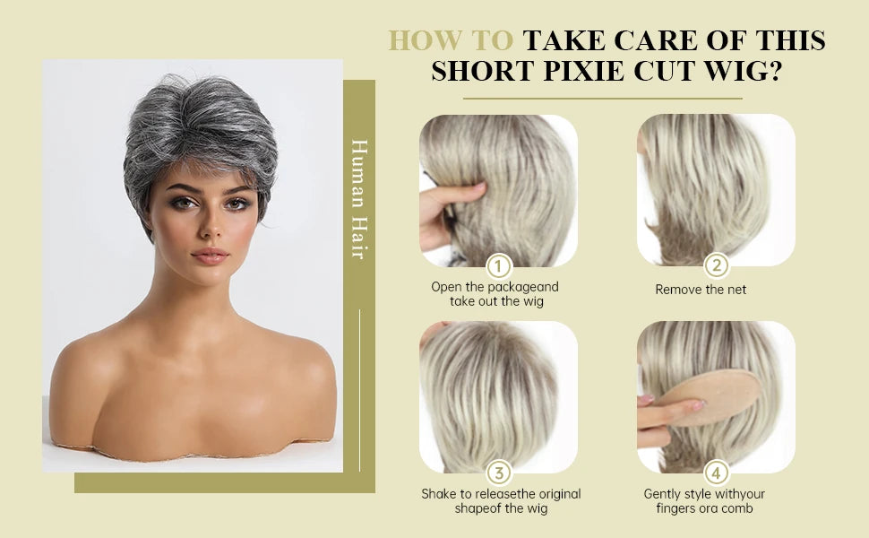 Short Pixie Cut Grey Human Hair Wig – 8” Layered Blend Wig with Bangs for Women