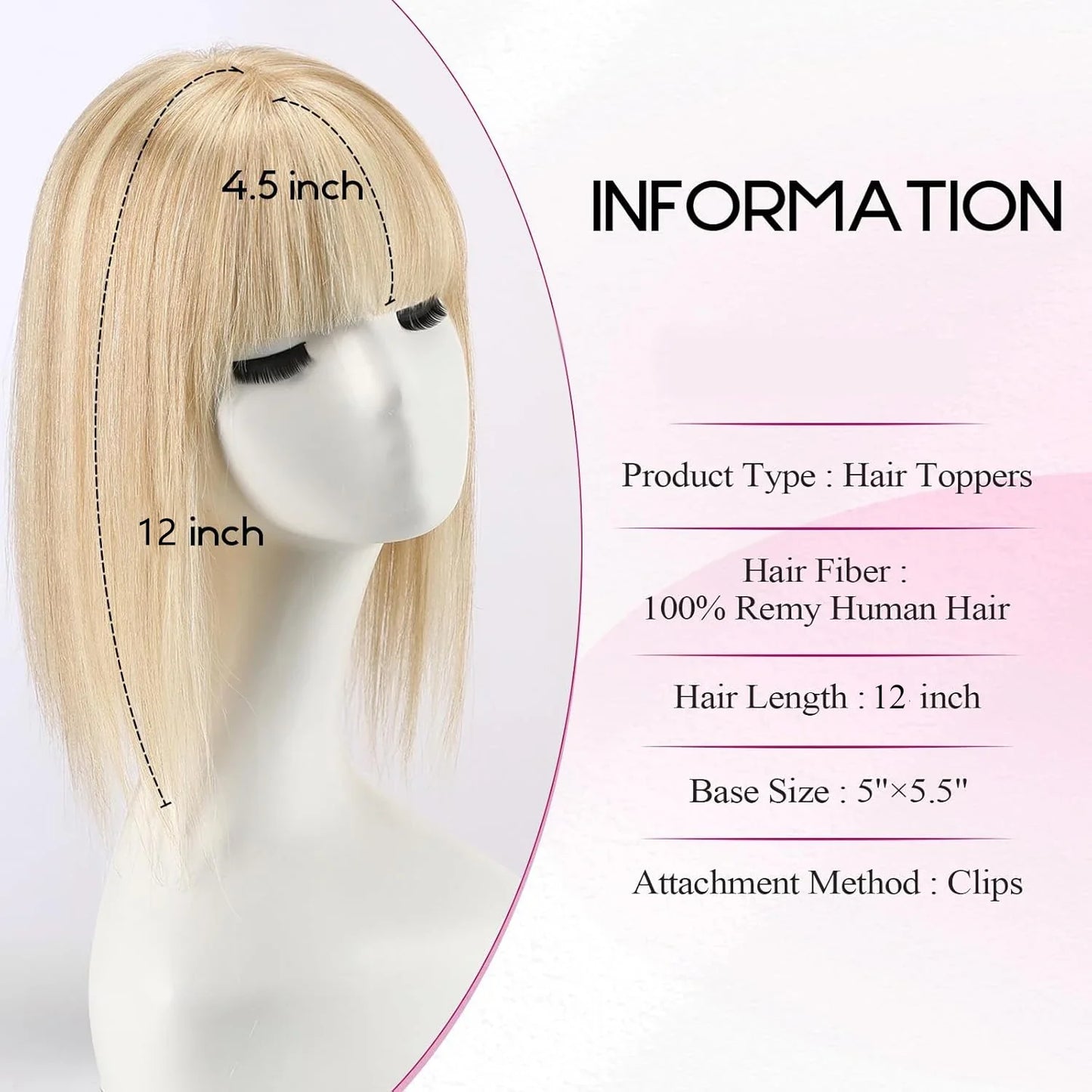 12” Human Hair Topper with Bangs – 360° Lace Base Clip-In for Women