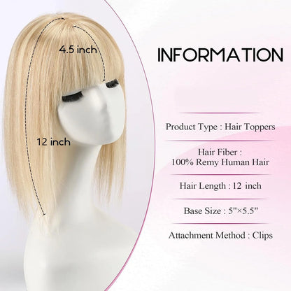 12” Human Hair Topper with Bangs – 360° Lace Base Clip-In for Women